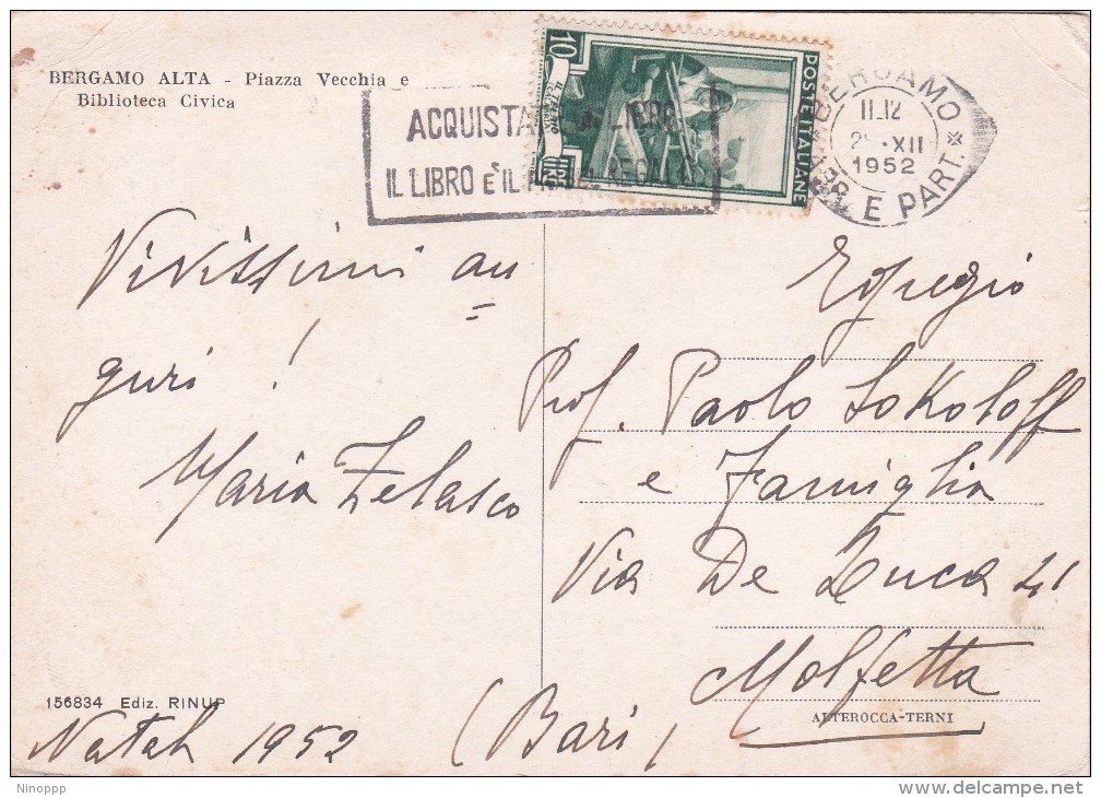 Italy 1952 Used Postcard, SBergamo Alta Piazza Vecchia, Toning, Postmark Acqistate Libri - Stamped Stationery