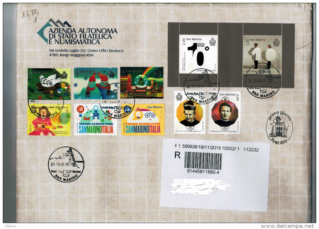 San Marino 2015 Busta FDC Natale - 40 Anniv.Istituto Musicale - 200 Nascita Don Bosco - 10 Corso Laurea Design   ° VFU - Oblitérés