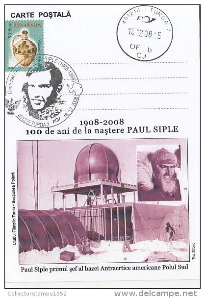 33879- AMERICAN ANTARCTIC STATION, PAUL SIPLE, SPECIAL POSTCARD, 2008, ROMANIA - Bases Antarctiques
