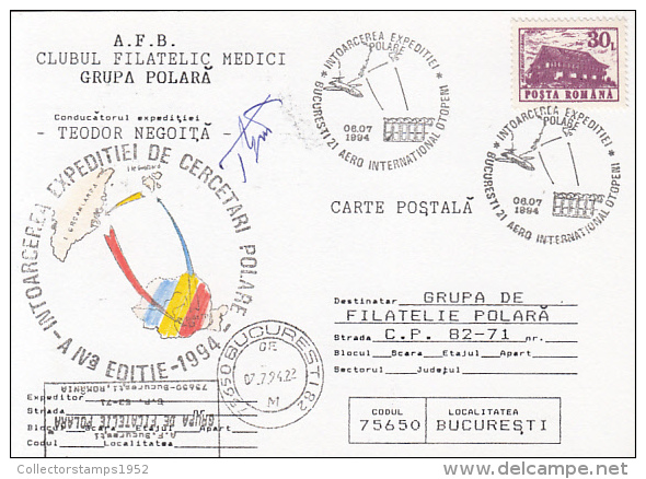 33883- ROMANIAN ARCTIC EXPEDITION RETURNING HOME, THEODOR NEGOITA, AUTOGRAPHED, SPECIAL POSTCARD, 1994, ROMANIA - Arctic Expeditions