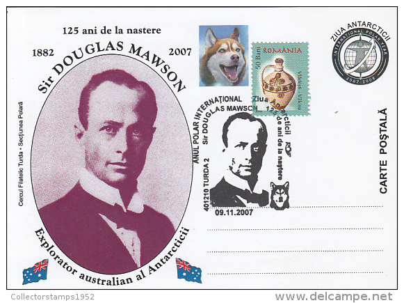 33884- DAOUGLAS MAWSON, ANTARCTIC EXPLORER, DOG, SPECIAL POSTCARD, 2007, ROMANIA - Explorateurs & Célébrités Polaires