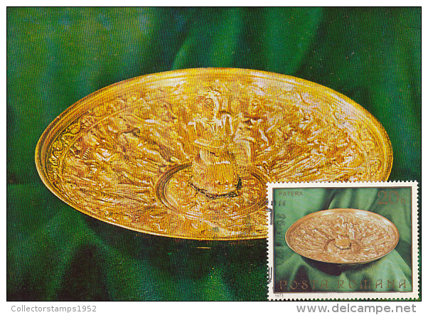 34008- PIETROASA TREASURE, GOLD PATERA, ARCHAEOLOGY, MAXIMUM CARD, OBLIT FDC, 1973, ROMANIA - Archéologie