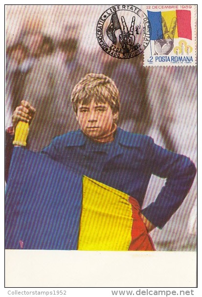 34041- ROMANIAN 1989 REVOLUTION, THE LITTLE REVOLUTIONAR, FLAG, MAXIMUM CARD, 1990, ROMANIA - Cartes-maximum (CM)