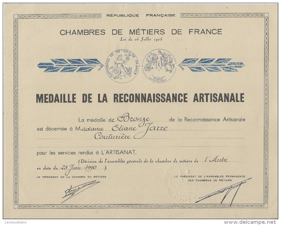 Diplome/Médaille De La Reconnaissance Artisanale /Chambre De Métiers De France /AUBE/1990   DIP30 - Diplômes & Bulletins Scolaires