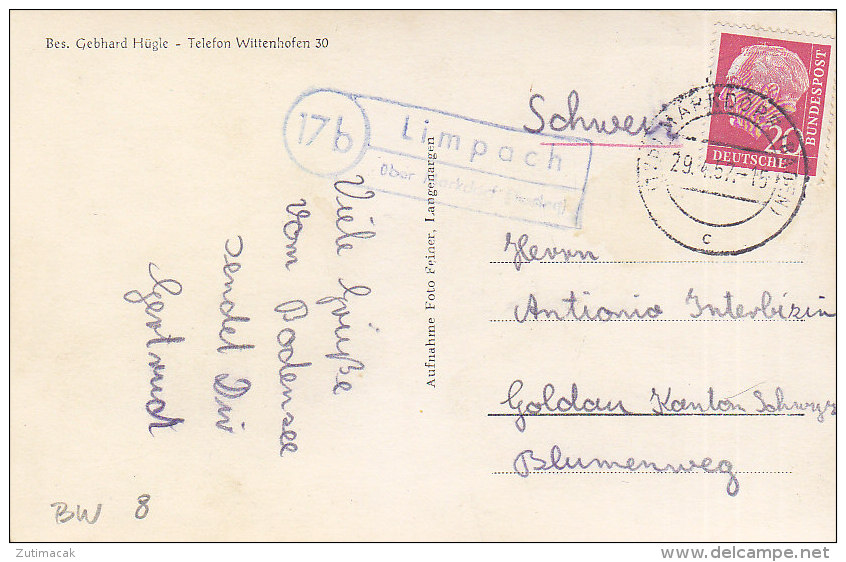 Limpach Uber Markdorf - Gasthaus Mahren Besitzer Gebhard Hugle 1957 Stempel Limpach - Markdorf