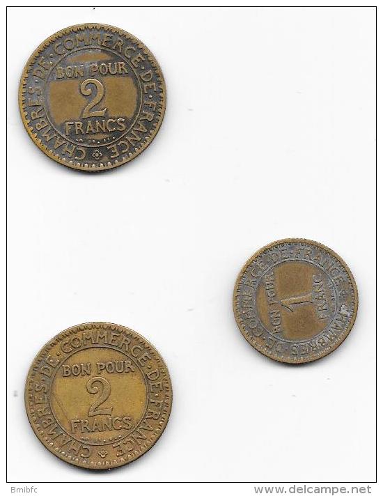 2 Pièces Bon Pour 2 Francs De 1922 Et 1923 Et 1 De 1 Franc - Chambre De Commerce Industrie De France - Monétaires / De Nécessité