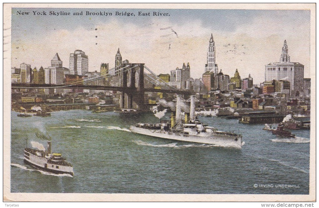 POSTAL DE UN BARCO EN NEW YORK - SKYLINE AND BROOKLYN BRIDGE - EAST RIVER DEL AÑO 1920 (BARCO-SHIP) - Comercio