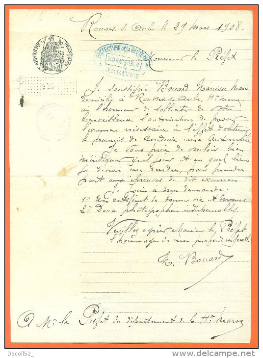 52  Rouvres Sur Aube ( 52 ) Demande De Permis De Conduire Une Automobile De 1908 Avec Photo Adressé Au Prefet - Documents Historiques