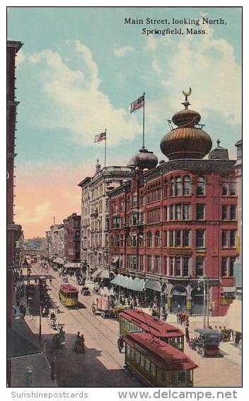 Massachusetts Springfield Main Street Looking North Trolleys - Springfield