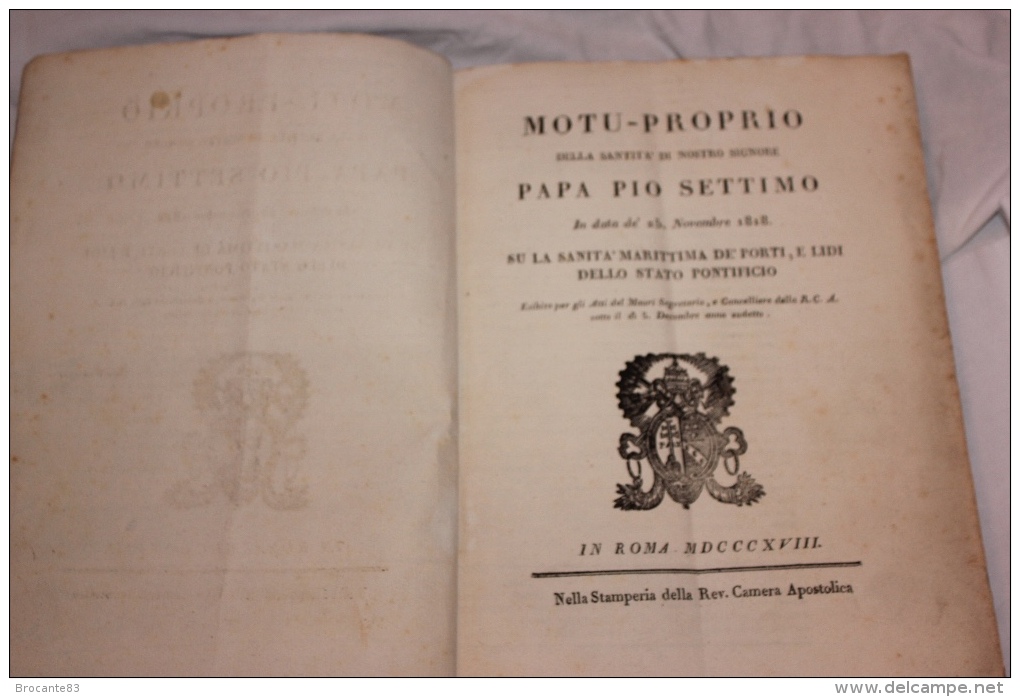 MOTU PROPRIO PAPA PIO SETTIMO DU 25 NOVEMBRE 1818 SU LA SANITA MARITTIMA DE PORTI - Libros Antiguos Y De Colección