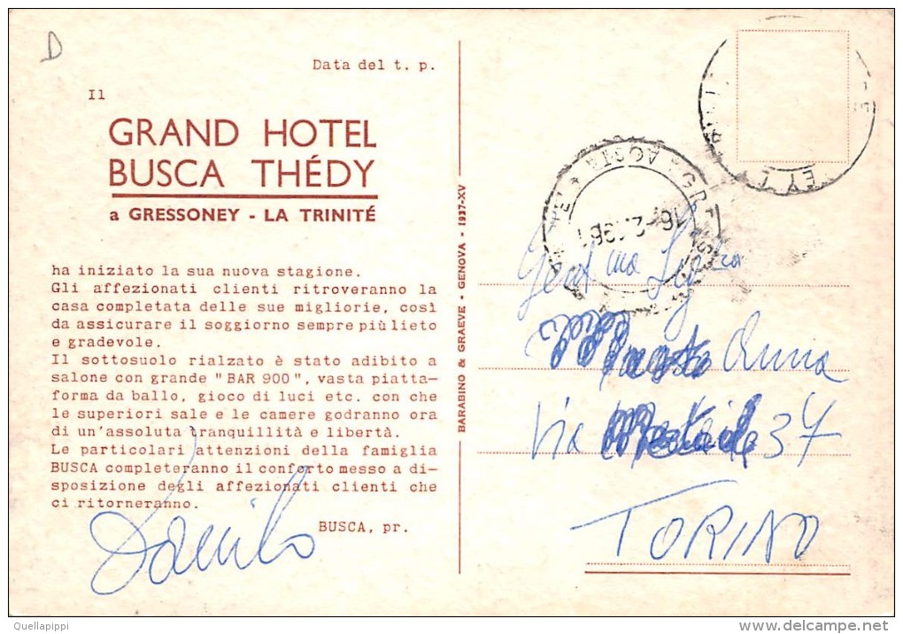 03246 "(AOSTA) GRESSONEY - LA TRINITE´ - GRAND HOTEL BUSCA TREDY"   CART.  DIPINTA SPED. 1961 - Alberghi & Ristoranti