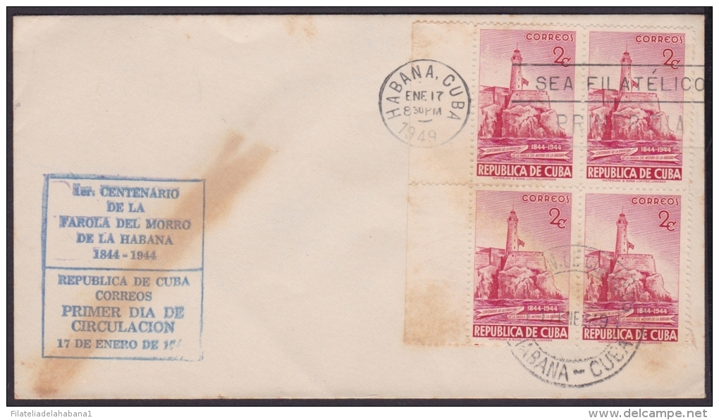 1949-FDC-44 CUBA REPUBLICA 1949 FDC FARO DEL MORRO LIGHTHOUSE. BLUE CANCEL BLOCK 4 - FDC