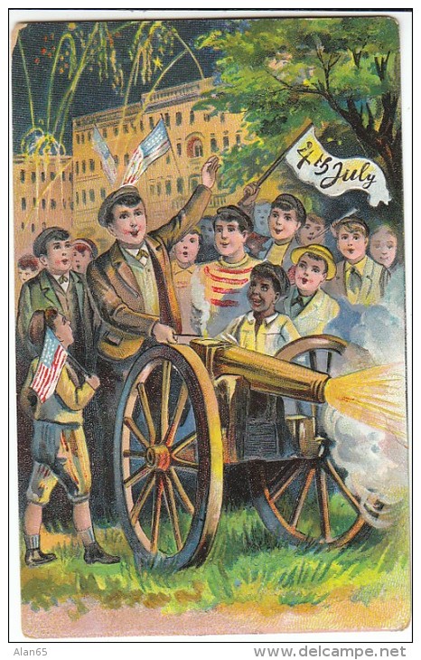 Fourth Of July US Independence Holiday, Boys Fire Cannon, Black Boy, Artist Image, C1900s Vintage Embossed Postcard - Other & Unclassified