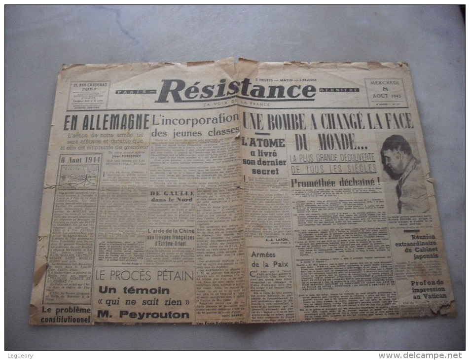 Resistance Edition De 5 H    Mercredi 8 Aout  1945 - Sonstige & Ohne Zuordnung