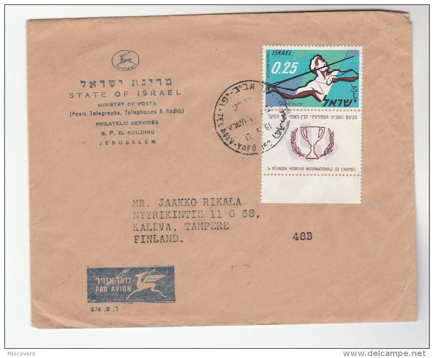 1961 ISRAEL COVER To FINLAND Air Mail 0.25 JAVELIN Sport Stamps Athletics - Athletics