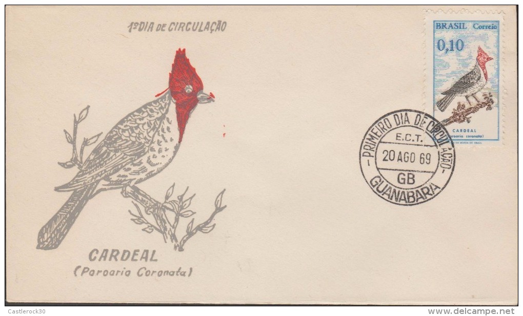 O) 1969 BRAZIL, BIRD - CARDINAL AVE, CARDINALIDAE, FDC XF, SLIGHT TONED - FDC