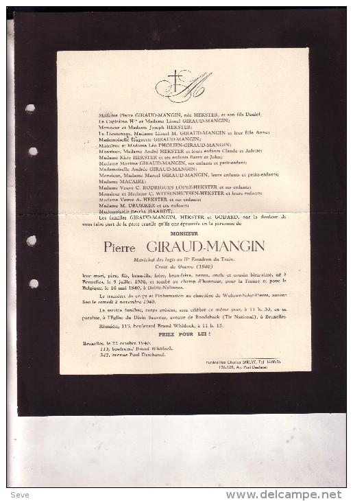 40-45 BULTIA-NALINNES Pierre GIRAUD-MANGIN IIe Escadron Du Train Français 1906 - 16 Mai 1940 Faire-part Décès - Overlijden