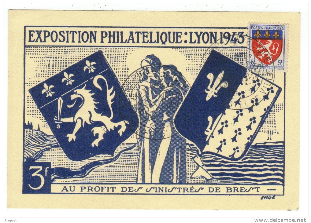 France // Variétés Et Curiosité // / Exposition Philatélique: Lyon 1943, Au Profit Des Sinistrés De Brest - Cartas & Documentos