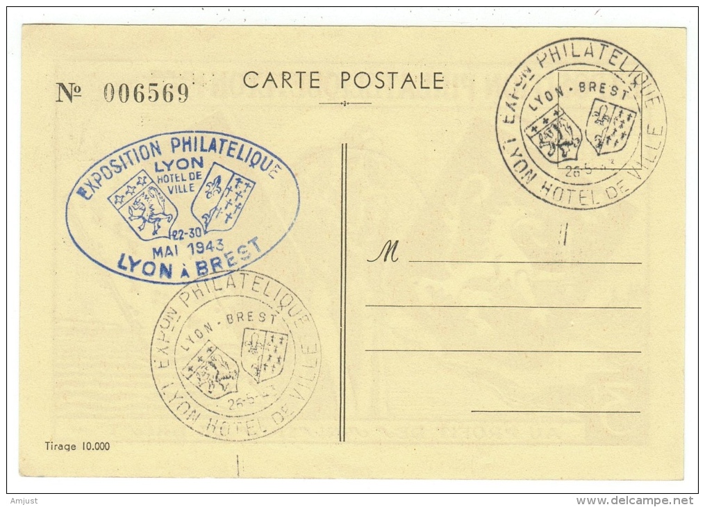 France // Variétés Et Curiosité // / Exposition Philatélique: Lyon 1943, Au Profit Des Sinistrés De Brest - Storia Postale