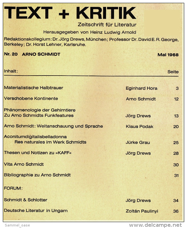 Arno Schmidt  -  Text U. Kritik Nr. 20  -  Zeitschrift Für Literatur  -  Mai 1968 - Biographies & Mémoirs