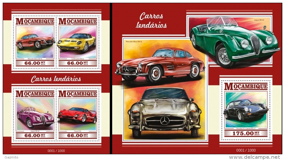 Mozambico 2015, Cars, Ferrari, Porshe, Lamborghini, Mercedes, Jaguar, 4val In BF +BF  IMPERFORATED - Trains