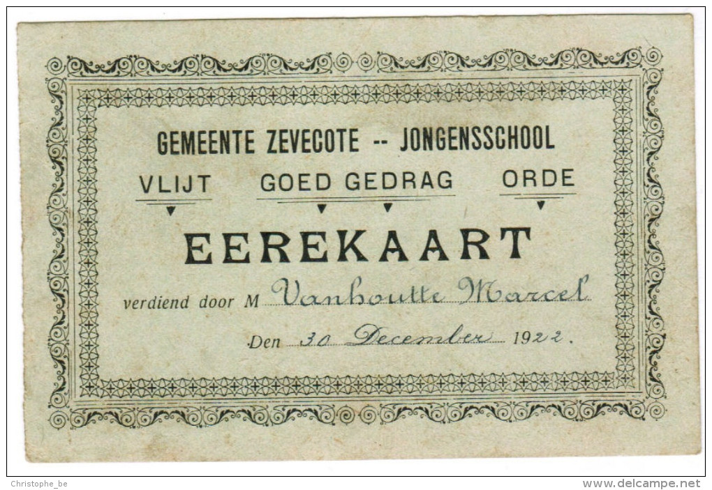 Gemeente Zevecote, Zevekote, Jongensschool, Eerekaart Vanhoutte Marcel 30 December 1922   (pk27419) - Gistel