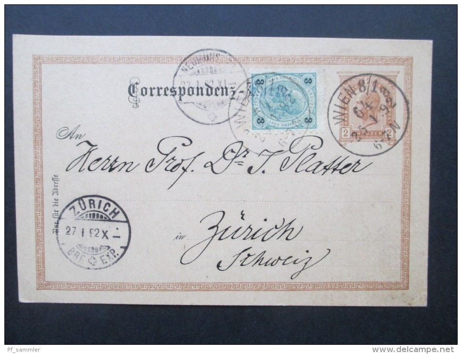 Österreich 1892 Ganzsache P74 / Ferchenbauer (KW 20€) Nr. 59 Auslandsverwendung Nach Zürich Mit Zusatzfrankatur - Sonstige & Ohne Zuordnung