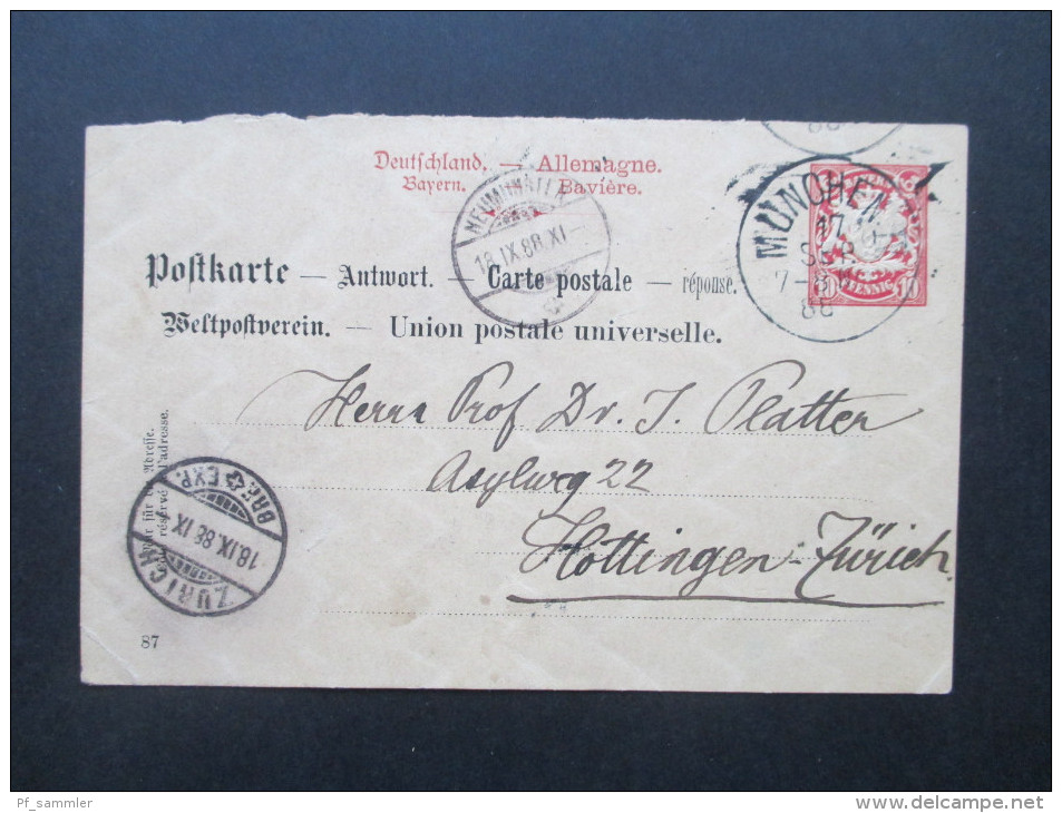 AD Bayern 1888 Ganzsache Antwortkarte P 24 WZ 6 Z. In Die Schweiz. Prof. Dr. Julius Platter. Nationalökonom. - Postal  Stationery