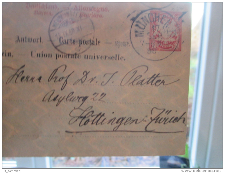 AD Bayern 1888 Ganzsache Antwortkarte P 24 WZ 6 Z. In Die Schweiz. Prof. Dr. Julius Platter. Nationalökonom. - Interi Postali