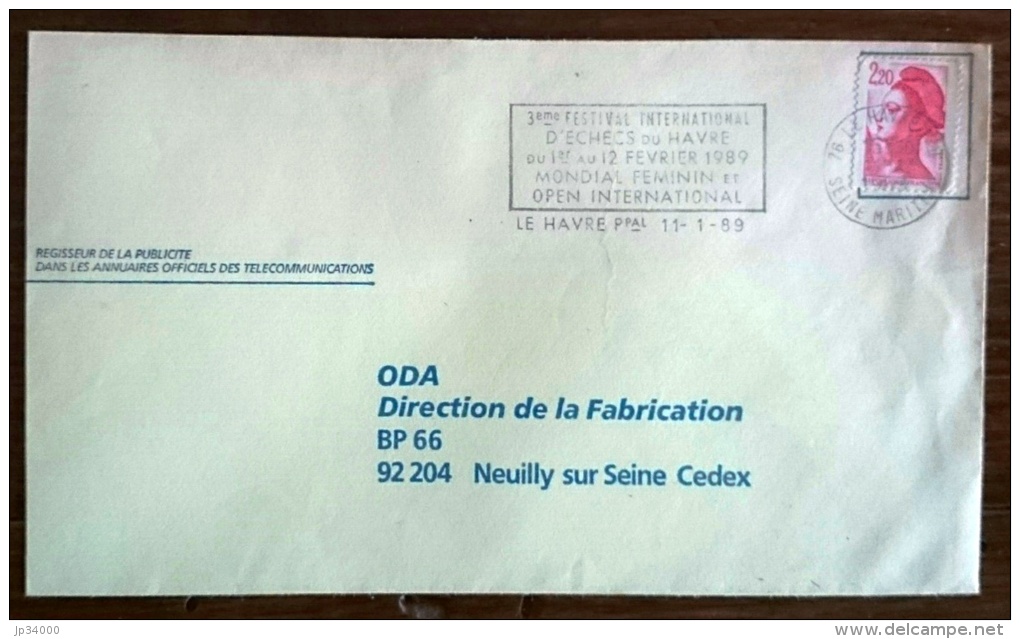 FRANCE Echec, Echecs, Chess, Ajedrez. Obliteration 3eme Festival International D'echecs Du Havre Fevrier 1989 - Echecs