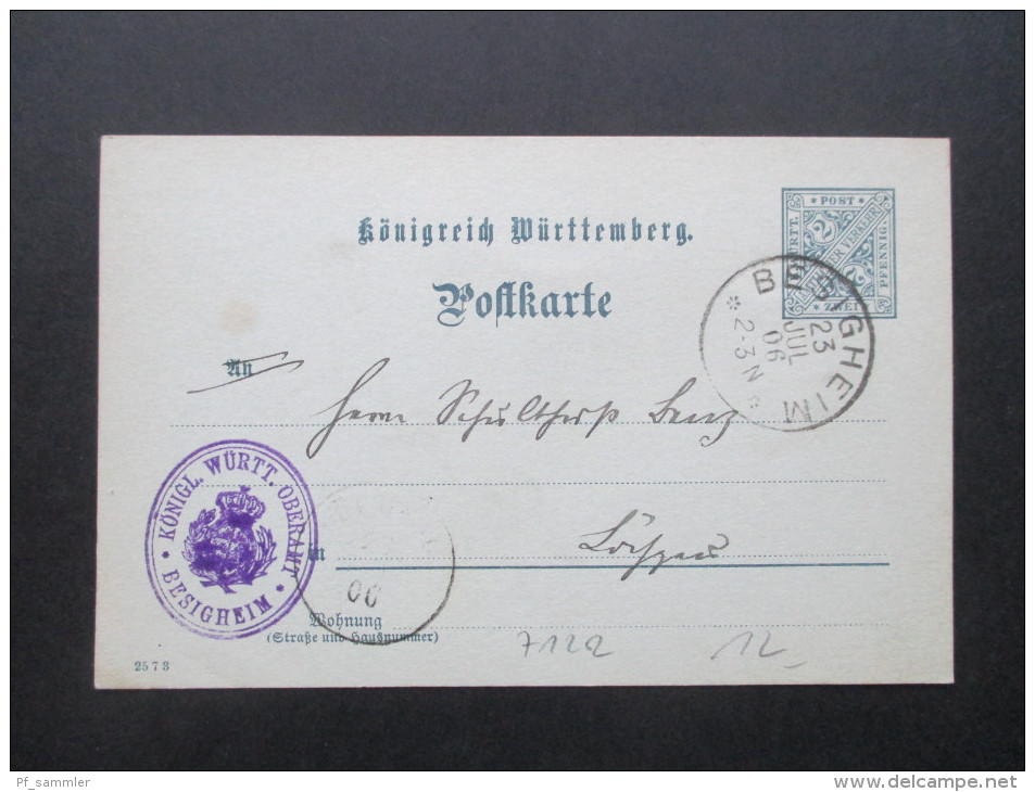 AD Württemberg Postkarte 1906 Königl. Württ. Oberamt Besigheim - Postwaardestukken