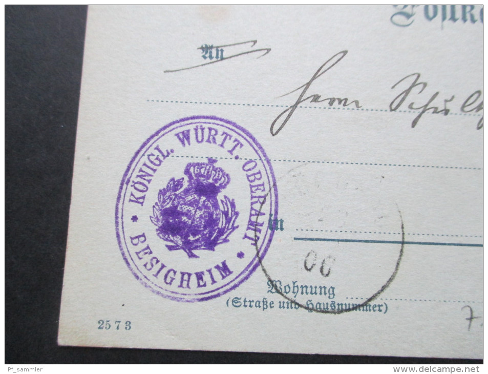 AD Württemberg Postkarte 1906 Königl. Württ. Oberamt Besigheim - Postal  Stationery