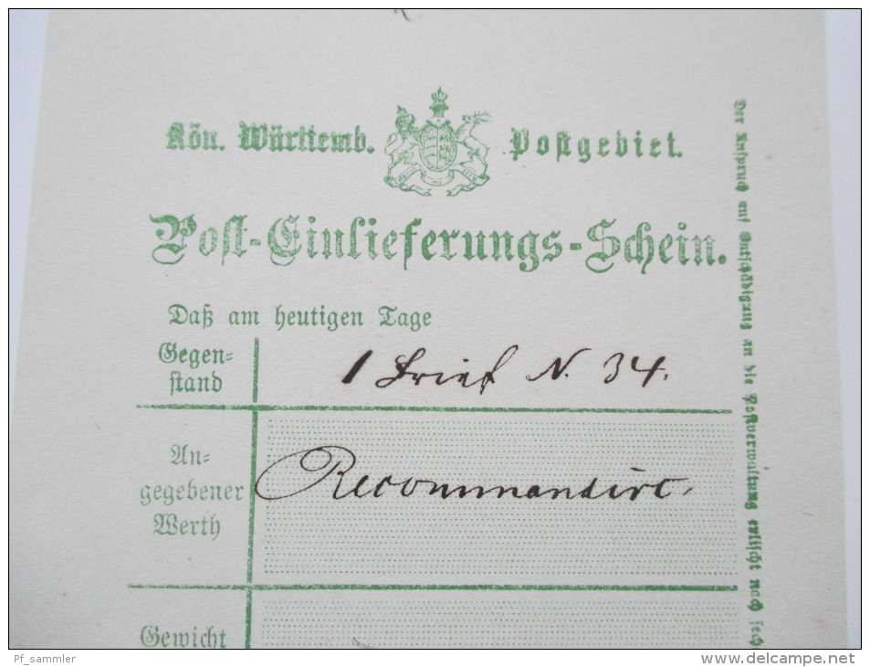 Alt Deutschland Württemberg 10 Post Einlieferungs Scheine. 1874. Recommandirt Usw. - Cartas & Documentos