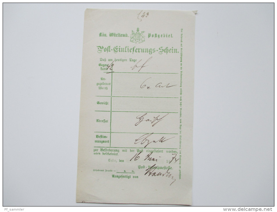 Alt Deutschland Württemberg 10 Post Einlieferungs Scheine. 1874. Recommandirt Usw. - Briefe U. Dokumente
