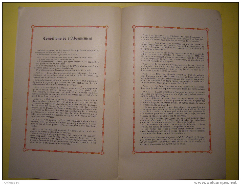 Programme Tableau De La Troupe Grand Théatre De Montpellier 1899 - 1900 Plus Bulletin De Vote - Programmes