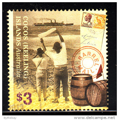 Cocos Islands Used 2013 Issue $3 People Waving To Ship, Barrel Mail - Cocos (Keeling) Islands