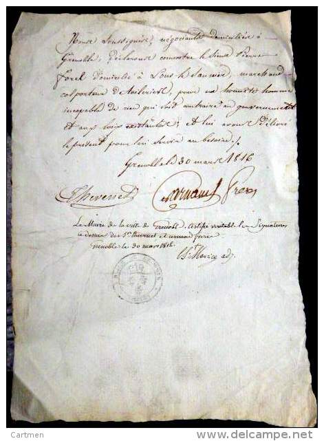 39 LONS SAUF CONDUIT CERTIFICAT DE MORALITE ACCORDE A UN COLPORTEUR PAR LE MAIRE GRENOBLE EN 1816 DOCUMENT AUTHENTIQUE - Historische Dokumente