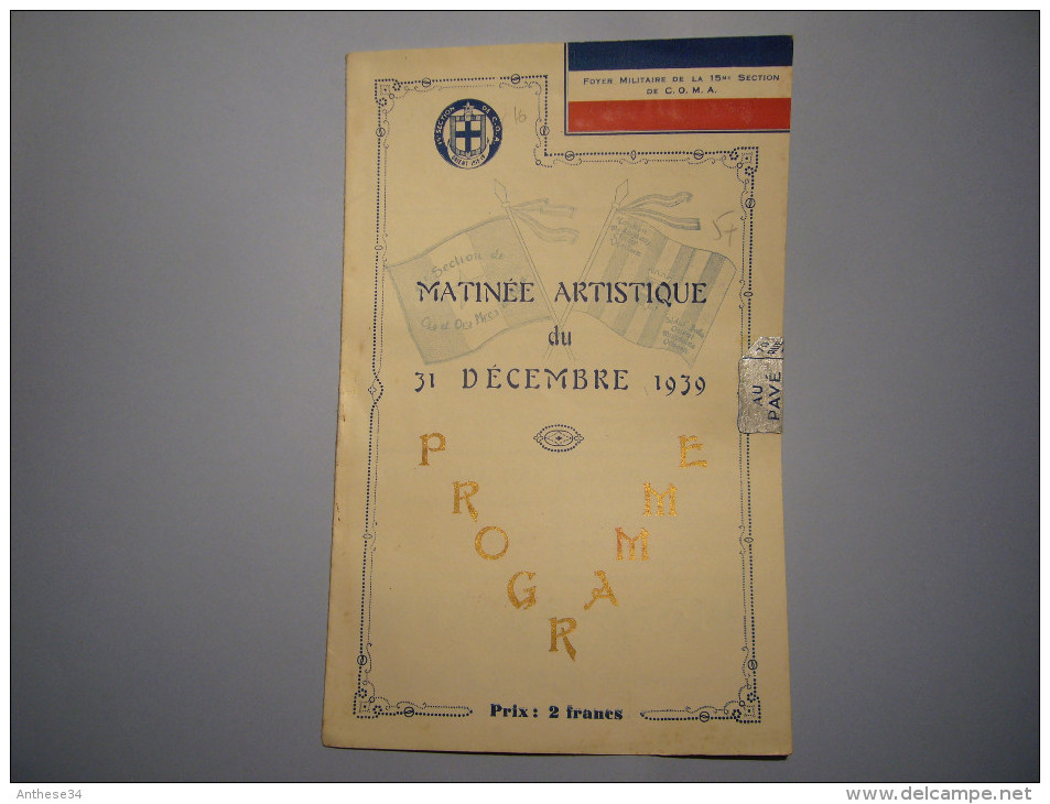 Programme 1939 Foyer Militaire 15 ème Section De C.O.M.A. Concert De Bienfaisance - Programmes