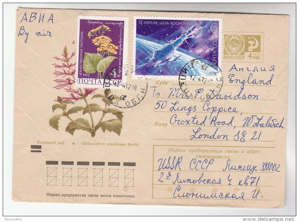 1972 RUSSIA Stamp SPACE FLOWER UPRATED Postal STATIONERY COVER  To GB - Russia & USSR