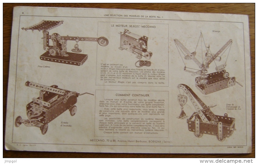 Brochure Meccano Modèles Réalisés Avec La Boîte N° 0 Aperçu Modèles Boîte N° 1 - Meccano