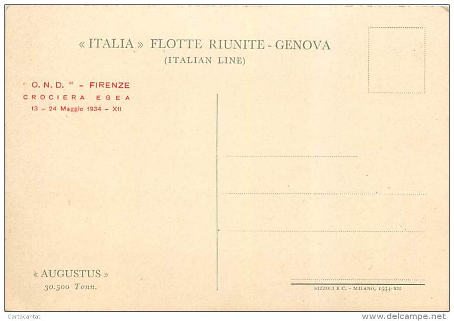 "AUGUSTUS" DELLA 'ITALIA' FLOTTE RIUNITE GENOVA. CARTOLINA ANNI '30 - Dampfer