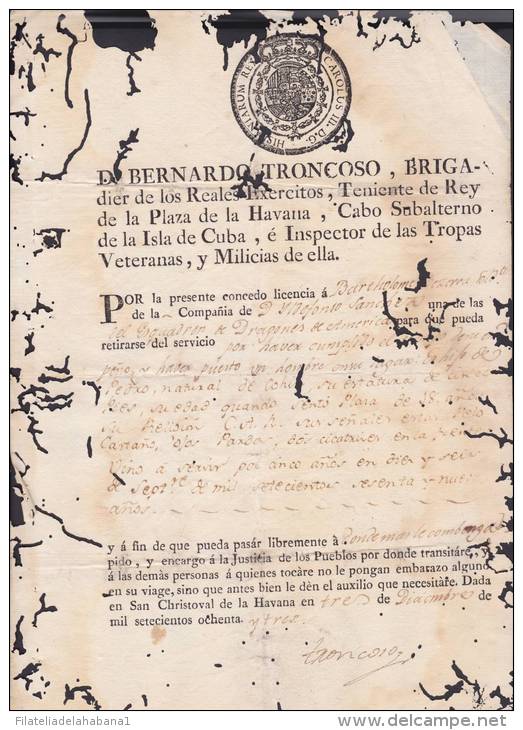 E3053 CUBA SPAIN ESPAÑA OLD DOC MILITAR LICENCE. HAVANA 1783 - Documentos Históricos