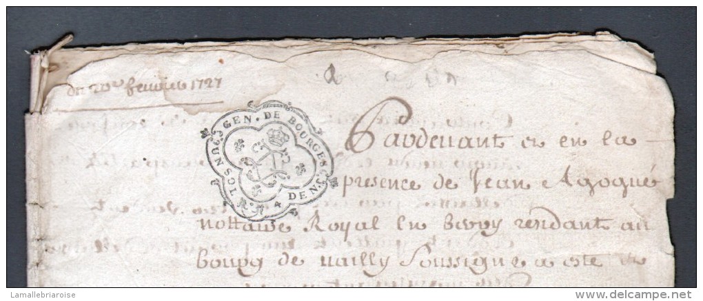 1727, GENERALITE DE BOURGES, UN SOL, 4 DENIERS, 4 FEUILLES, 3 SCANS - Cachets Généralité