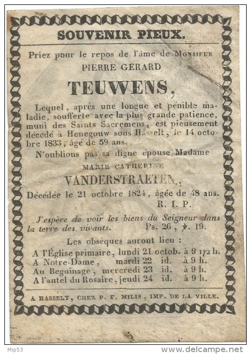 275. PIERRE GERARD TEUWENS  -  HENEGOUW SOUS HASSELT 1833  Et  M.C. VANDERSTRAETEN  Décédée 1824 // ETS Van C.GALLE - Devotion Images