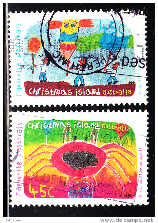 Christmas Island Used Scott #418-#419 2 45c Children's Drawings - Festivals - Christmas Island