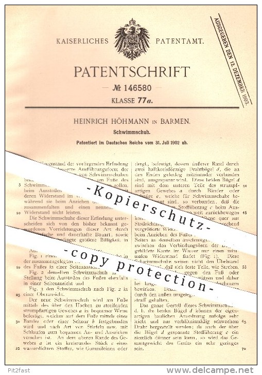 Original Patent - Heinrich Höhmann In Barmen , 1902 , Schwimmschuh , Schwimmen , Schuh , Schuhe , Baden , Wasser - Historische Dokumente