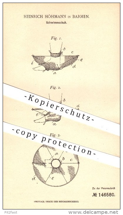 Original Patent - Heinrich Höhmann In Barmen , 1902 , Schwimmschuh , Schwimmen , Schuh , Schuhe , Baden , Wasser - Historische Dokumente