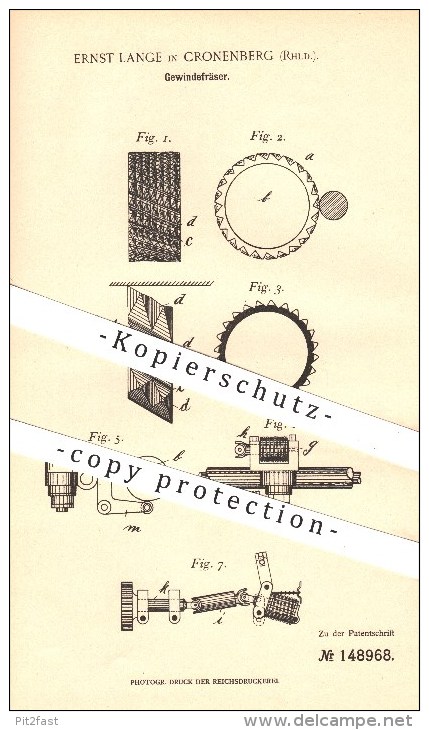 Original Patent - Ernst Lange In Cronenberg , 1901 , Gewindefräser , Fräser , Fräsen , Gewinde , Schrauben , Metall !!! - Historische Dokumente