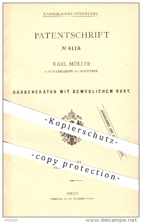 Original Patent - K. Möller , Kupferhammer , Brackwede , 1878 , Gasgenerator , Gas , Generator , Generatoren , Ofen !! - Historische Dokumente