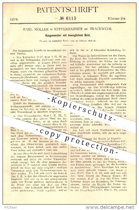 Original Patent - K. Möller , Kupferhammer , Brackwede , 1878 , Gasgenerator , Gas , Generator , Generatoren , Ofen !! - Historische Dokumente
